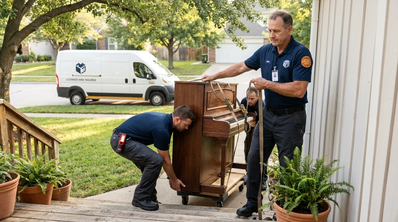 Licensed piano movers securing grand piano in Cologne, MN