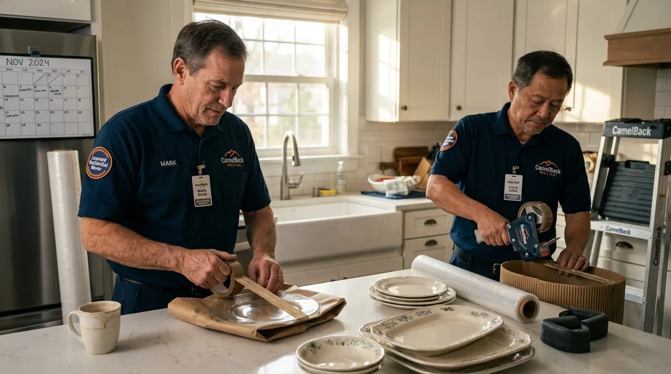 Professional crew packing kitchen dishware in Cologne, MN